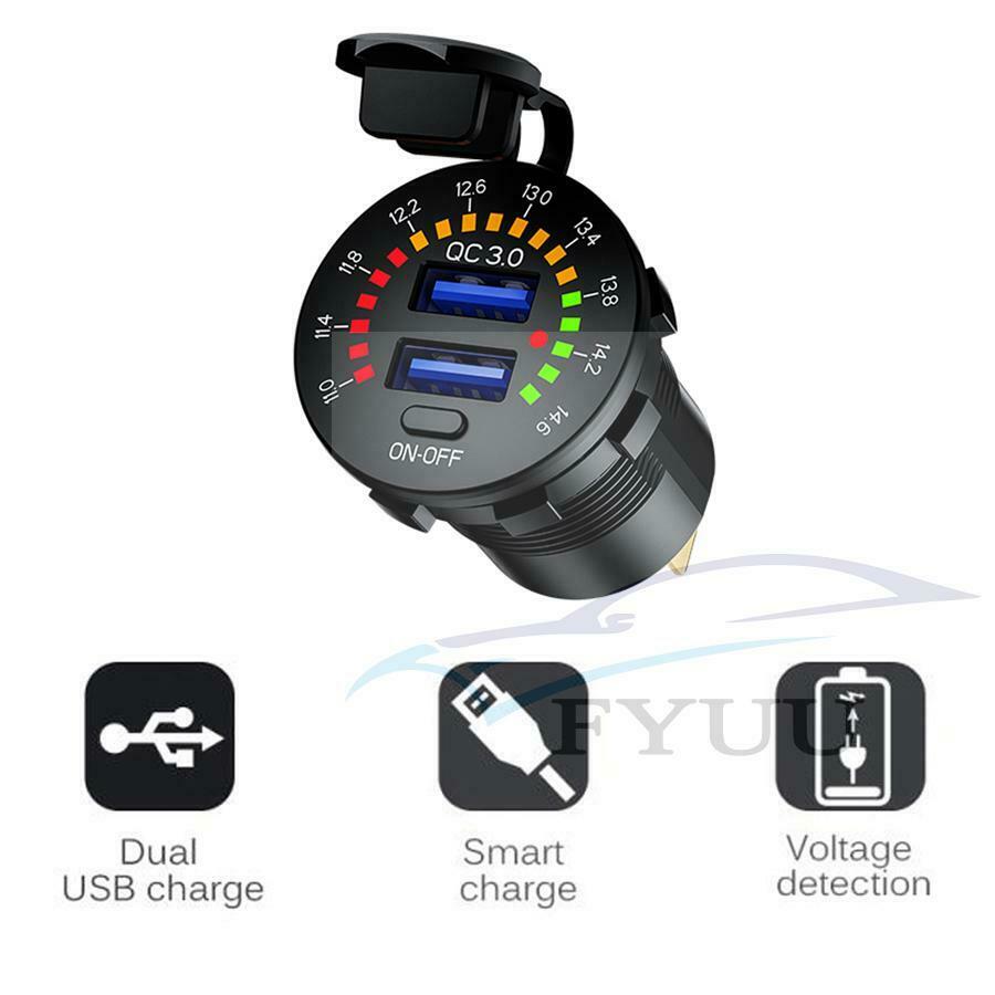 Car USB Socket QC 3.0 Dual USB Charger Voltage Meter On Off Switch Phone Charger