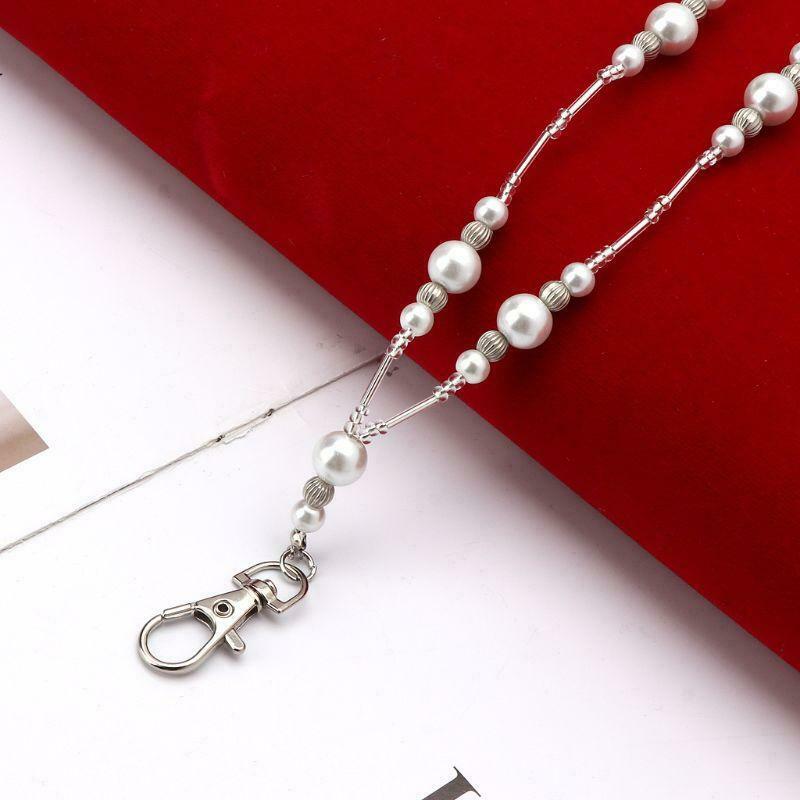 Hidden Hollow Beads White Pearls Beaded Lanyard ID Badge Holder Pendant Necklace