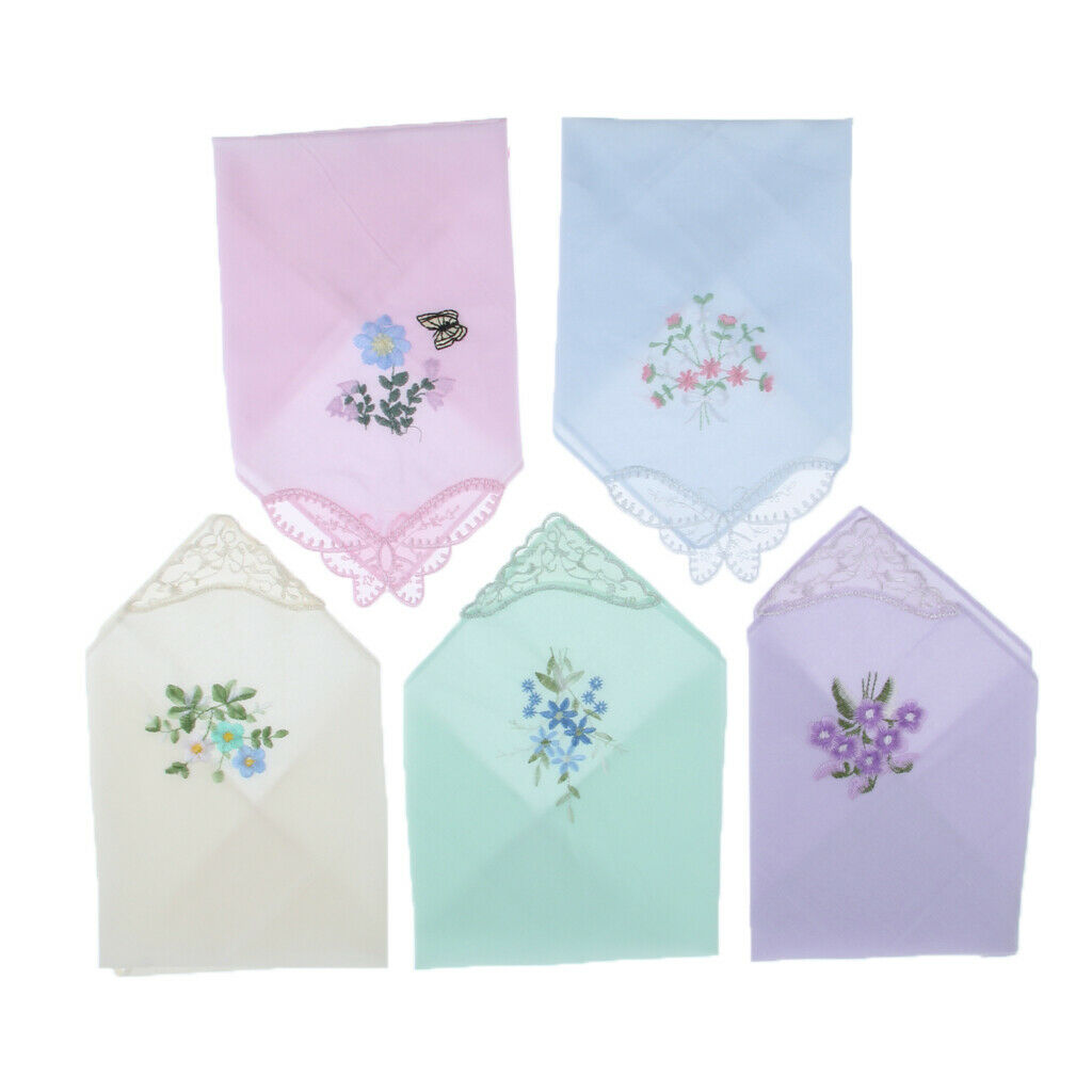 Ladies Womens Cotton Handkerchief Floral Embroidered with Lace 5 Pack - Assorted