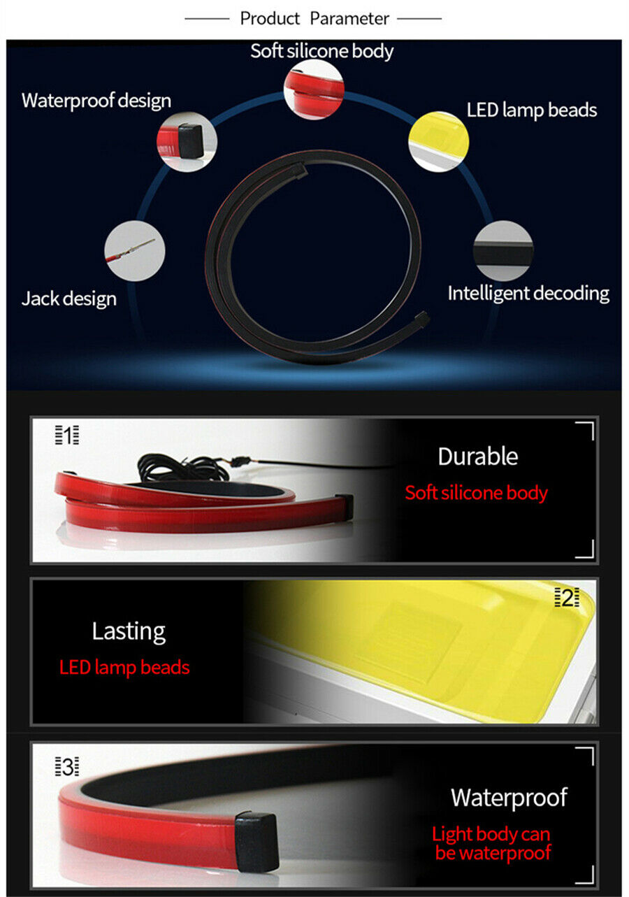 100cm 39.4" Rear Brake Signal Reverse Parking LED Light Strip Bar Waterproof Red