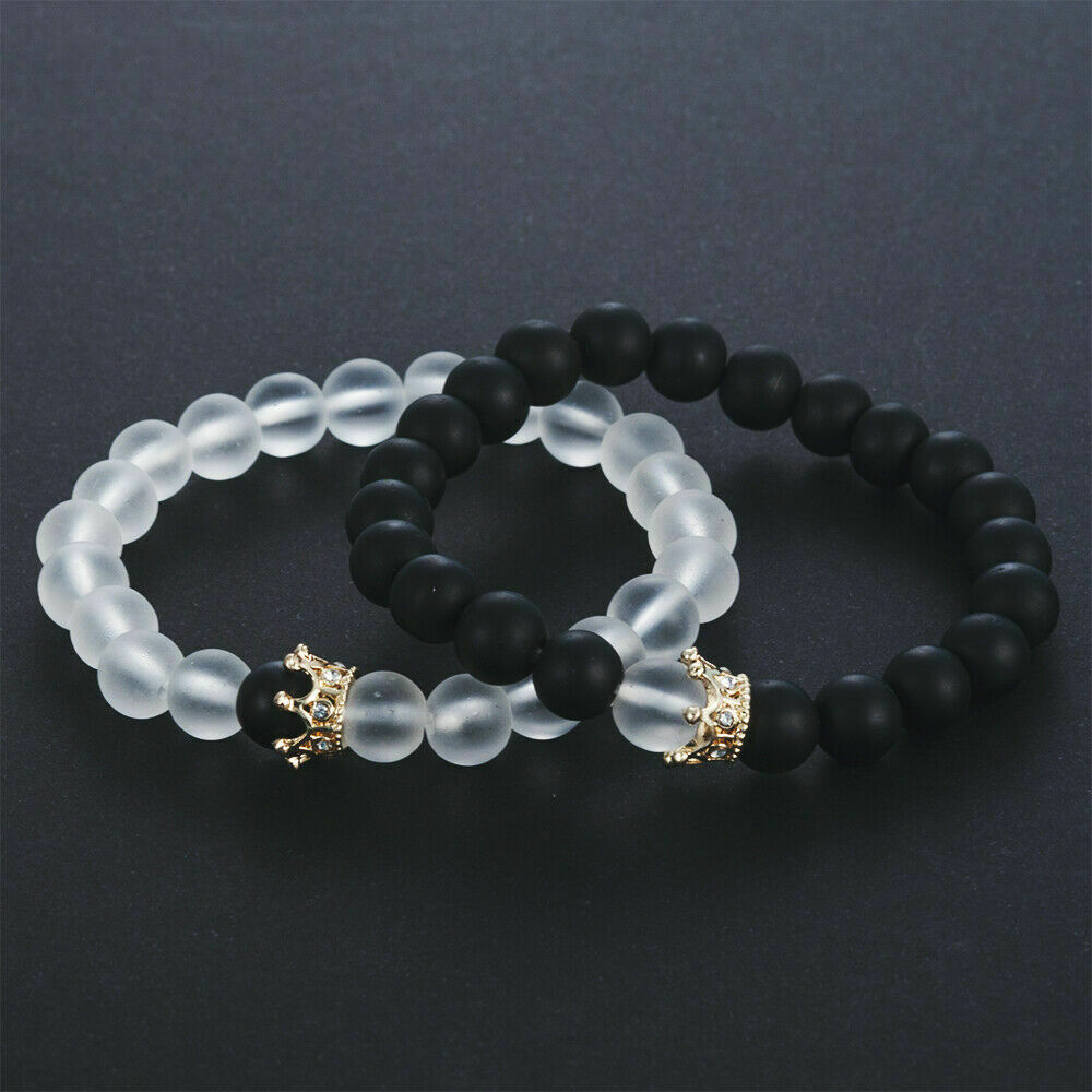 2Pcs King Queen Crown Couple Bracelets His & Her Friendship 8mm Beads Bracelets