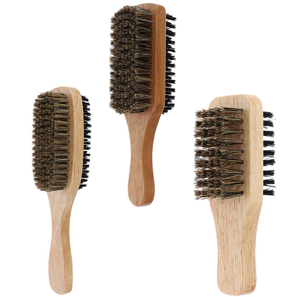 3Pcs Men 2-side Wave Hair Bristle Beard Mustache Brush w/ Wood Handle X+M+L