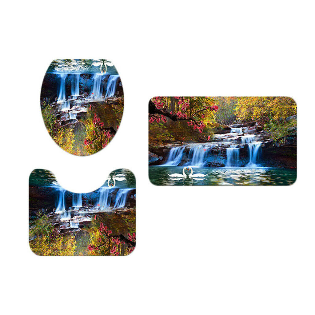 3 Pcs Bathroom Landscape Pattern Toilet Lid Cover Pedestal Mat Autumn Senery
