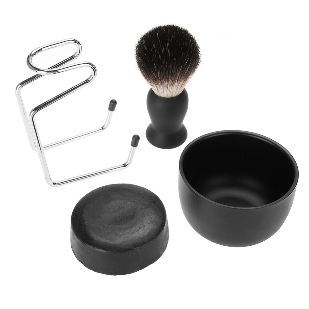 4Pcs Men Beard Shaving Barber Tools Kit Brush+Stand+Soap+Bowl Salon Supplies