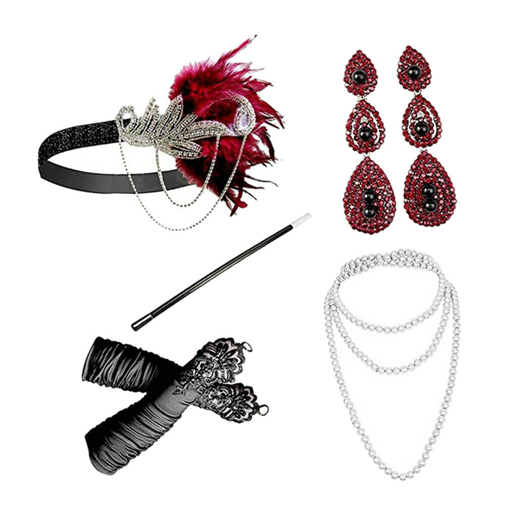 5pcs/Set Womens 1920s Feather Headband Necklace Gloves Party Fancy Costume