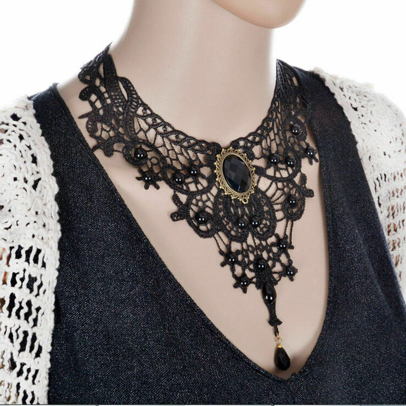 Black Lace&Bead Choker Victorian Steampunk Style Gothic Collar Necklace Gift XC