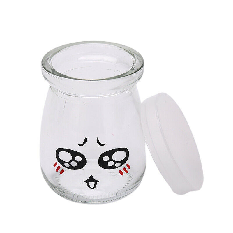 6PCS Pudding Bottles Cute Face Heat-resistant Glass Jelly Yogurt Jar Contain KX