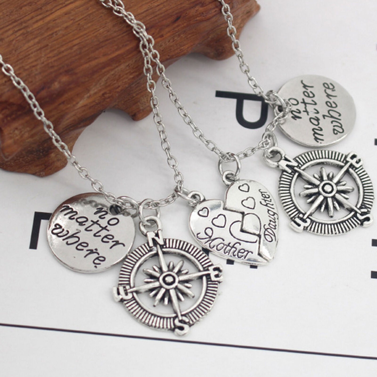 Mother Daughter Best Friends No Matter Where Heart Compass Pendant Necklace Set
