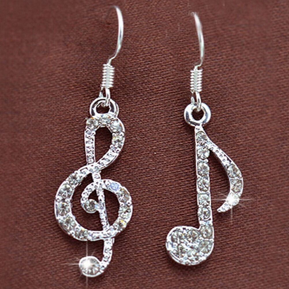 Personality Trendy Music Notes Clear Crystals Lady Dangles Party Earring H Qx