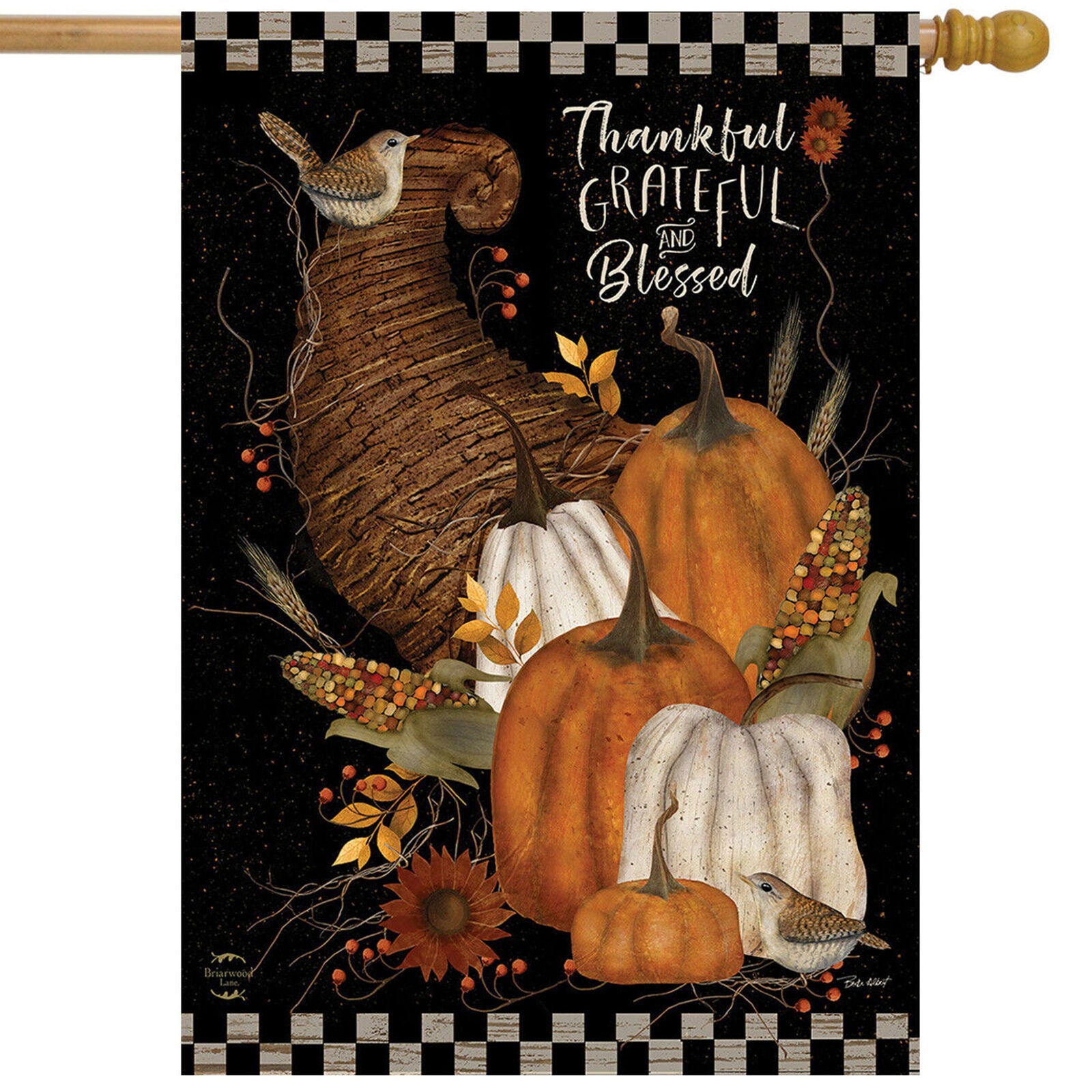 Thankful, Grateful, Blessed Fall House Flag Primitive Autumn Pumpkins 28" x 40"