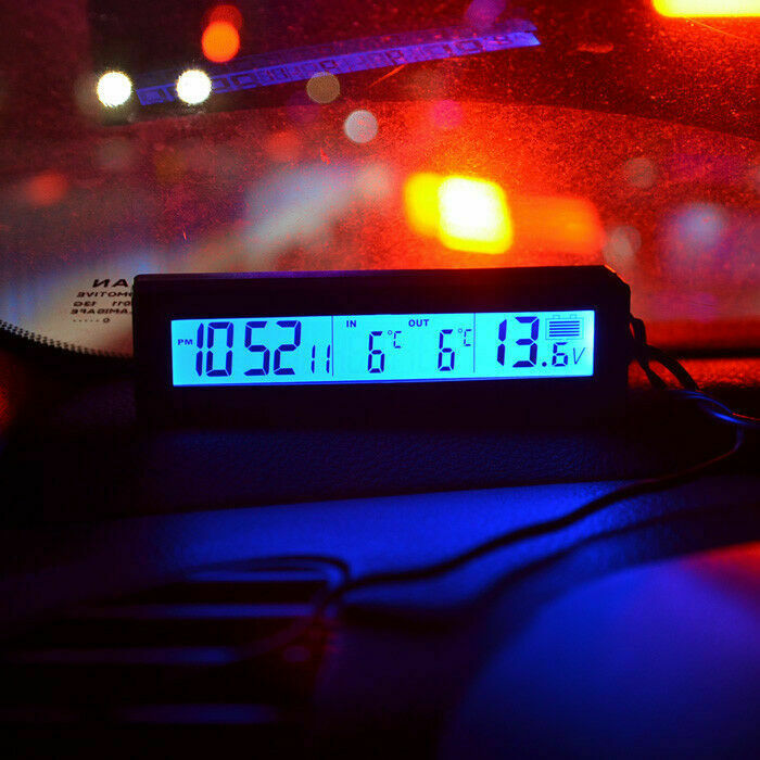 1x Car Digital Voltmeter Thermometer Clock Ice Alert Gauge Orange&Bule Backlight
