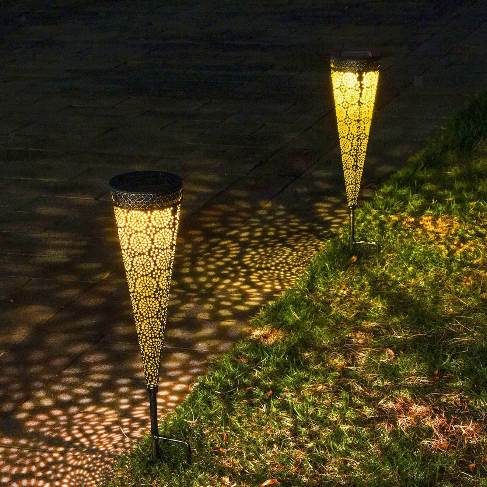 2x Garden Lamp Solar Powered Cone-shaped Standing Ornament Lights Waterproof