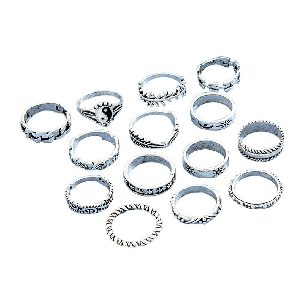 14pcs Boho Retro Alloy Punk Rings for Men Women Girls Tai Chi Rings Fashion