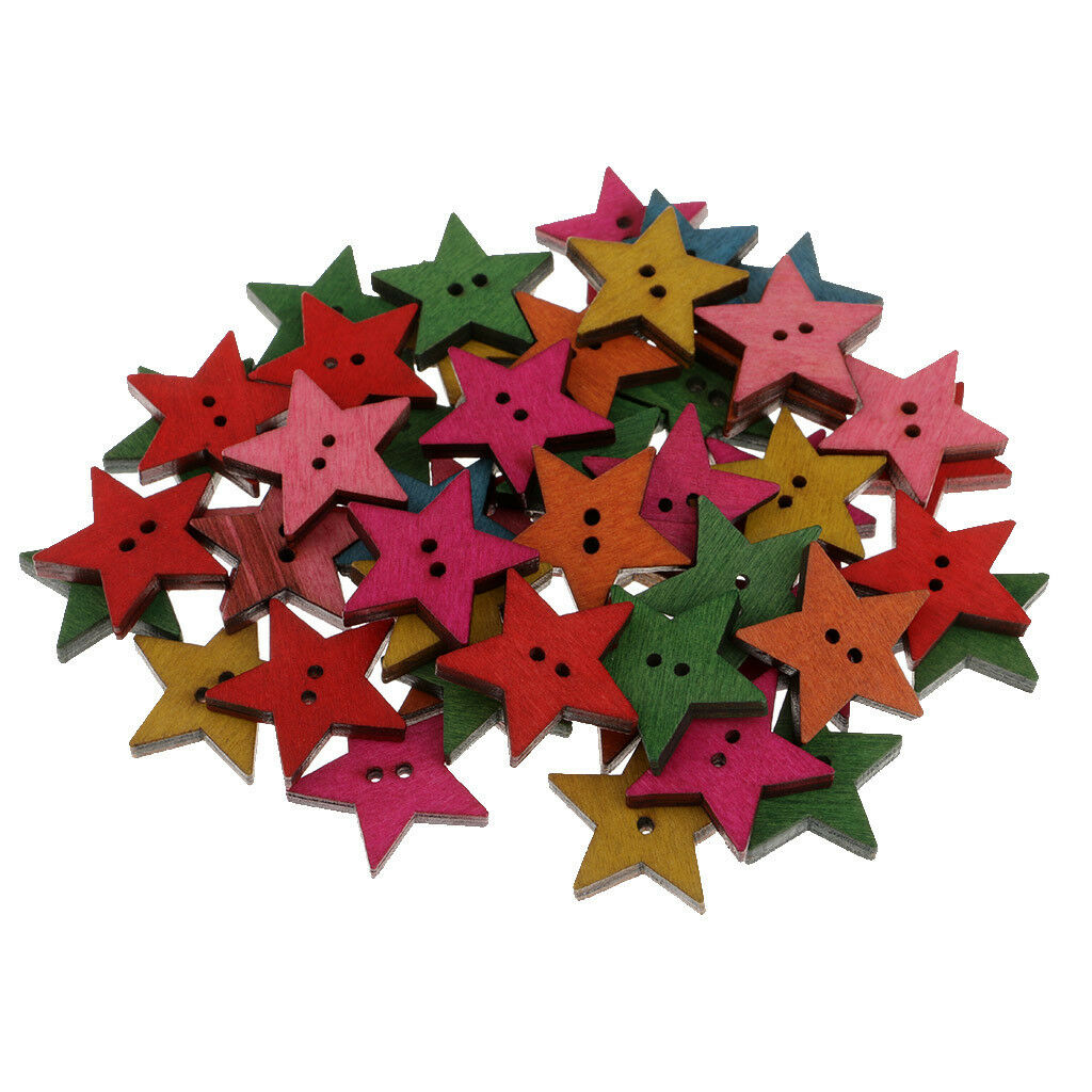 50pcs 2 Holes Mix Star Shape Wooden Craft Wood Sewing Buttons Decor Clothing