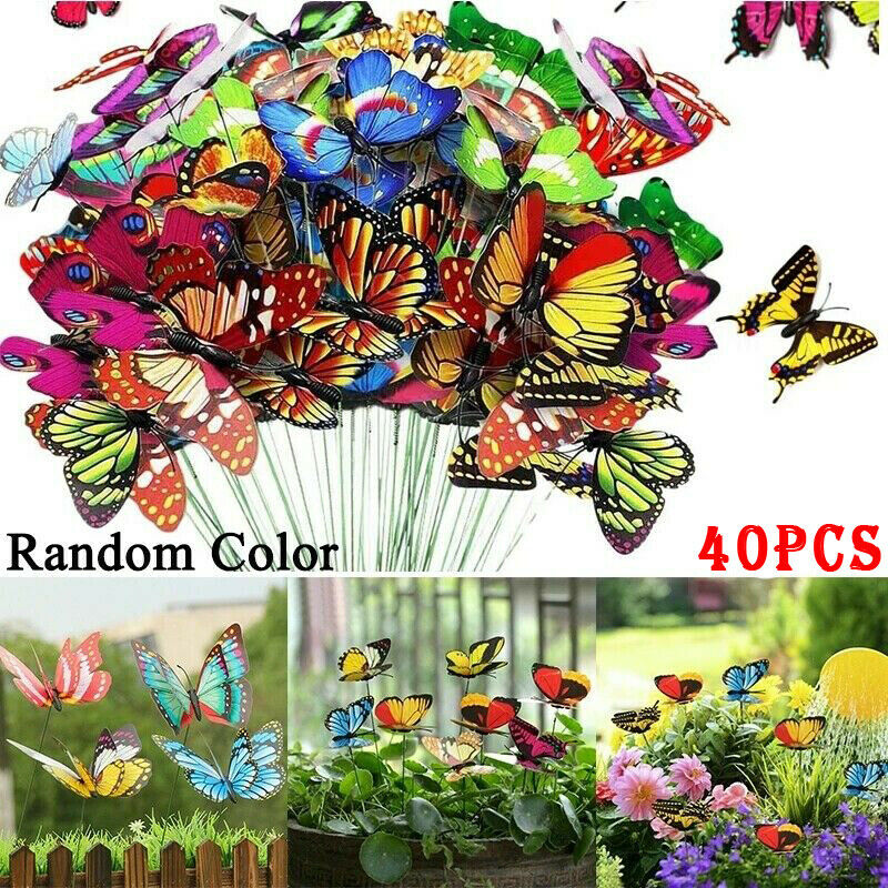 40x Simulation Butterfly Stick Ornaments Outdoor Garden Flower Pot Decors AU