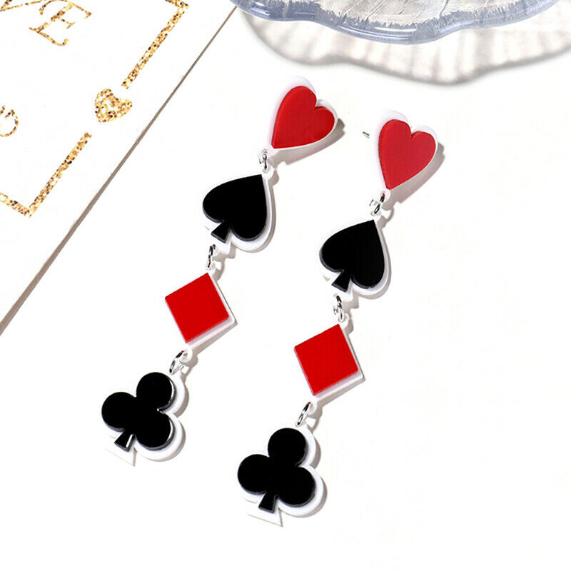 Fashion Acrylic Poker Card Heart Spade Diamond Long Stud Earrings Women Jewel Qx