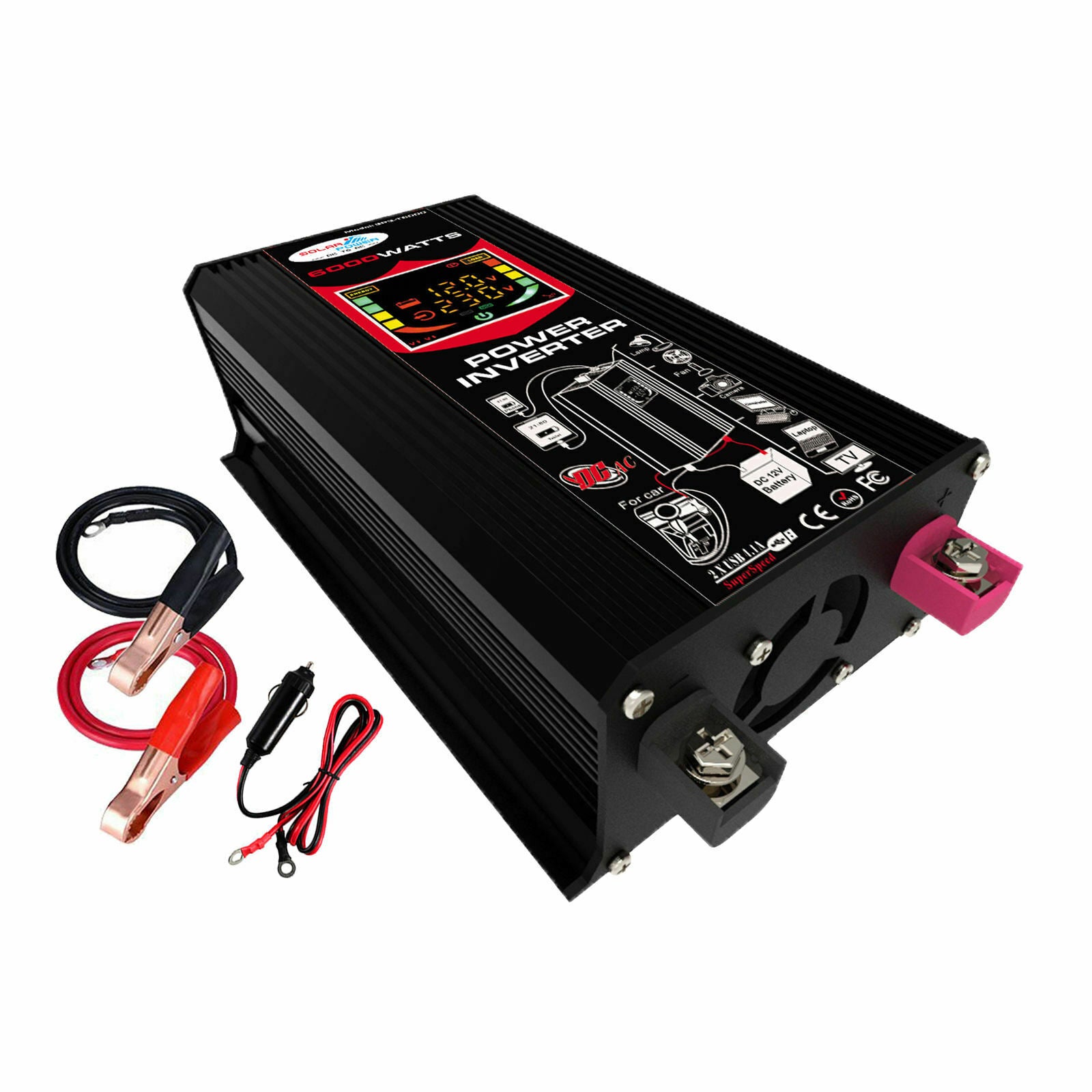 6000W Peak Car Power Inverter 12V to 110V DC to AC Dual USB Port Black