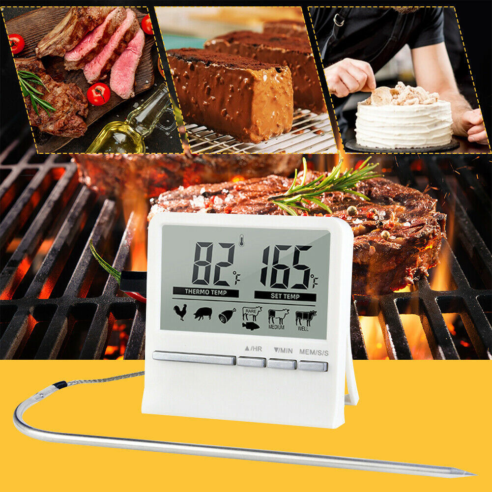 Digital Kitchen Grill Thermometer LCD Display Long BBQ Probe Cook Alarm Timer