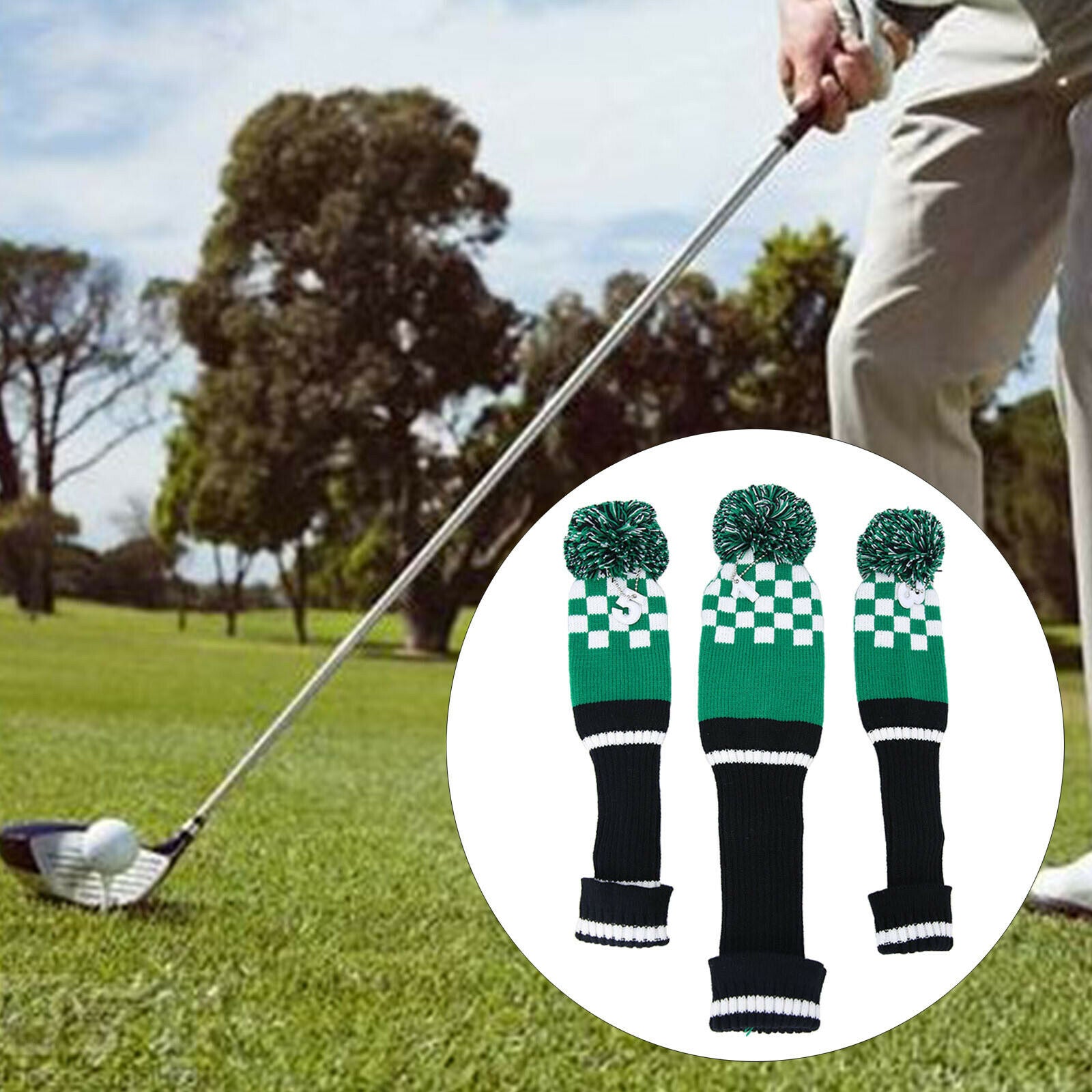3x Knit Wood Golf Club Covers No. Tags 1 3 5 A Large Pom Pom Checkerboard