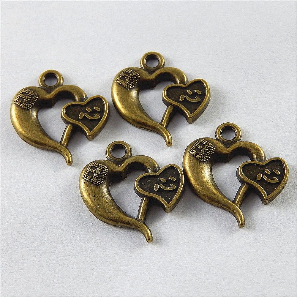 40-pack Antiqued Bronze Alloy Love Heart Shape Chinese Word Pendant 21*18*3mm