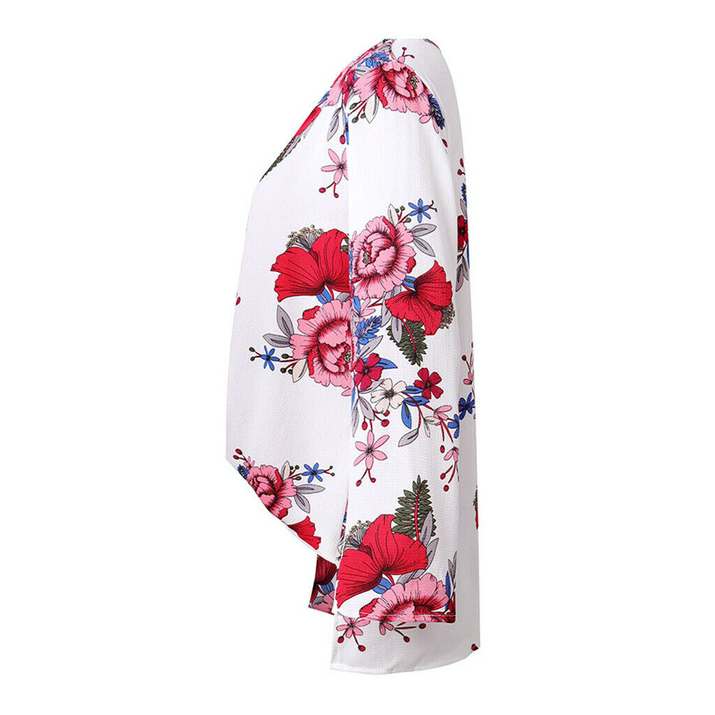 Women's V-Neck Bell Sleeve Blouse Floral Print Wrap Front Top Shirt M White