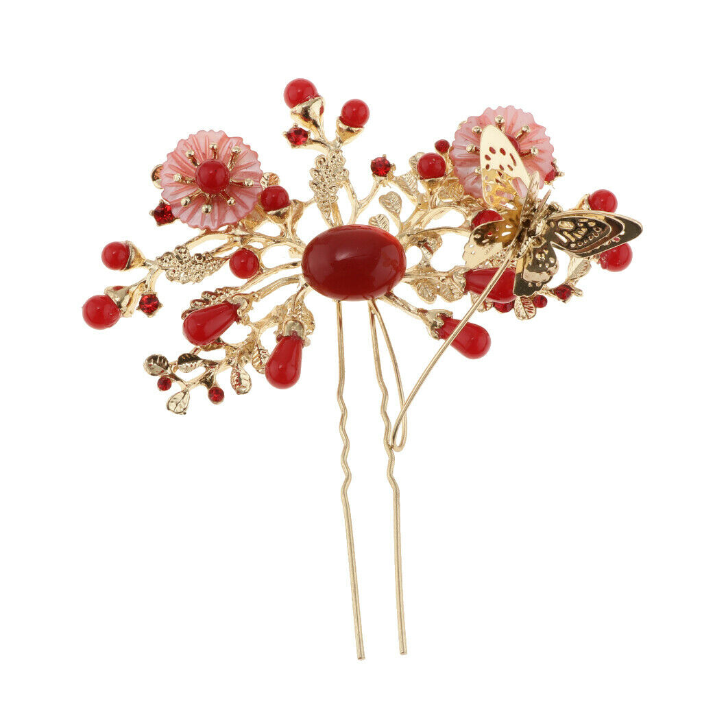 Chinese Ancient Red Crystal Hair Stick Tiara Crown Wedding Bride Headdress