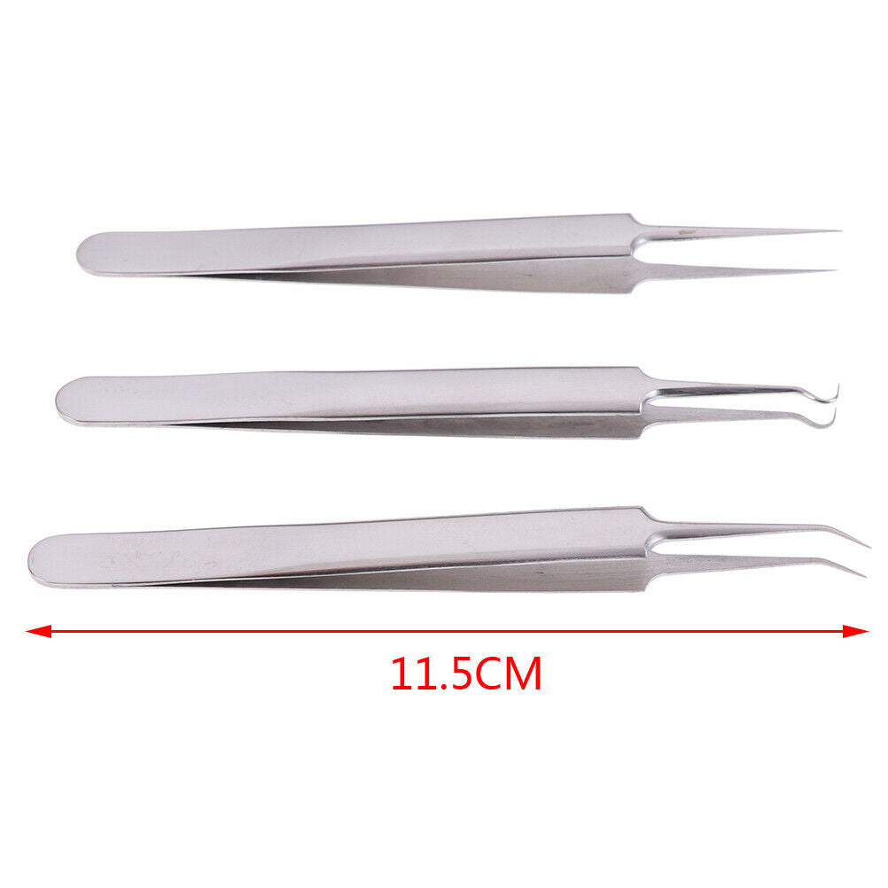 3PCS Precision Tweezers Stainless Steel Curved Fine Tip acne Tweezers Pli Rf