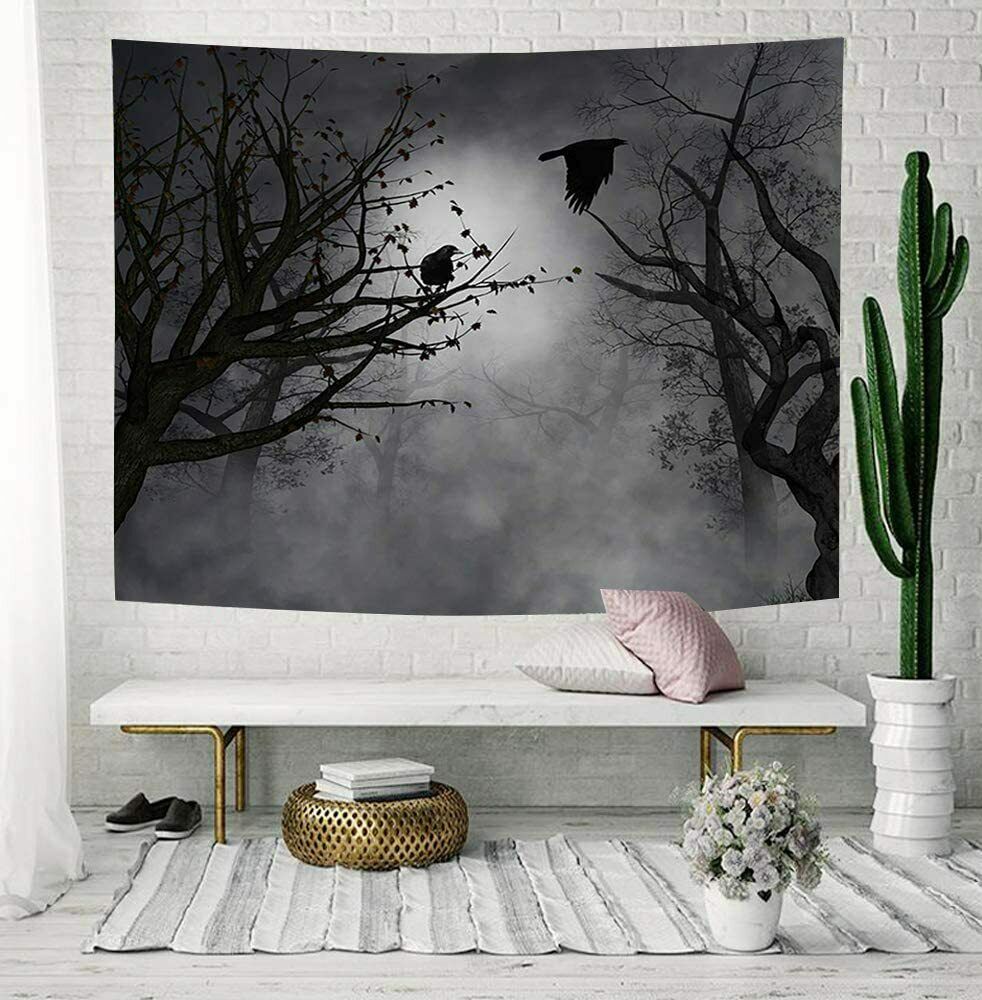 GothicTapestry, Birds At Branches on Creepy Jungle At Deep Dark Forest Tapestry