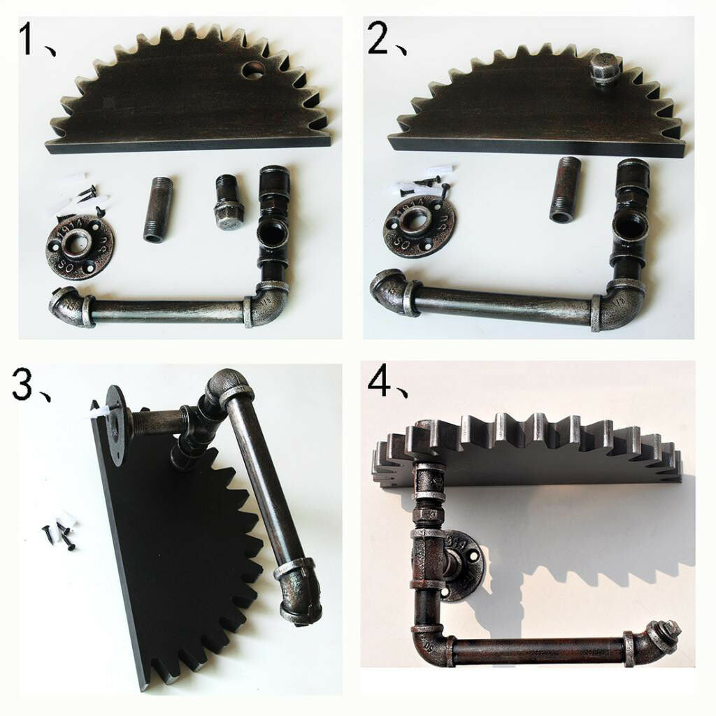 Iron Pipe Hanger Wood Gear Wall Shelf Toilet Paper Holder Towel Hook Holder