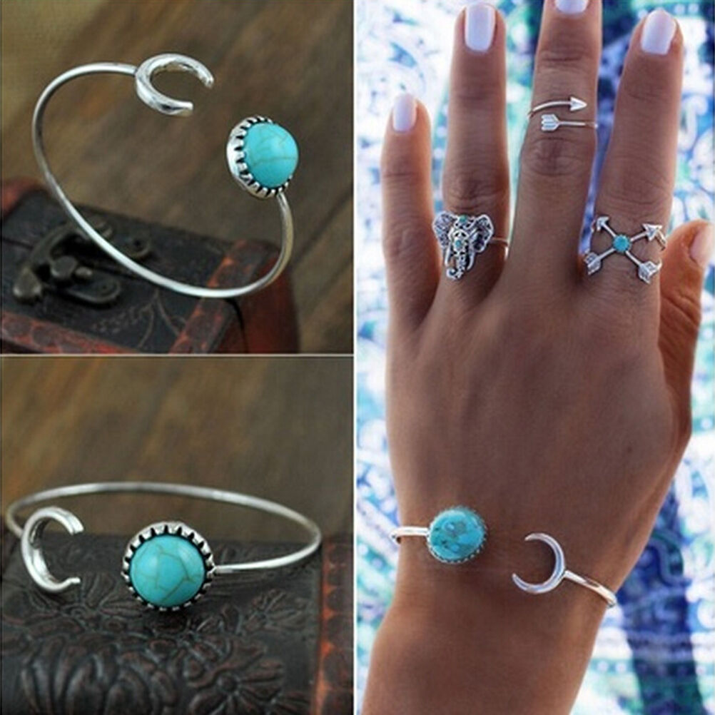 Fashion Moon Open Charm Bracelet Natural Turquoise Stone Bracelets Bangl.l8