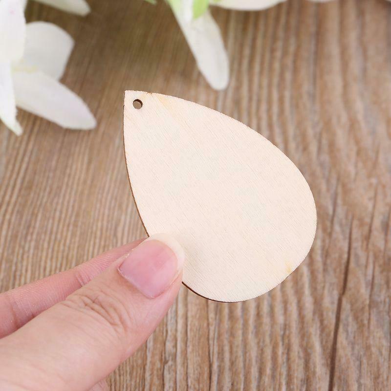 30pcs Waterdrop Shape Natural Wooden Ornaments Holes Blank Slices DIY Scrapbook