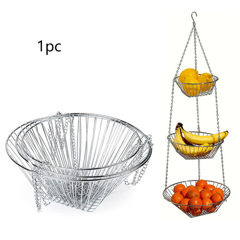 3 Tier Folding Vegetable Decoration Fruit Basket Kitchen Hanging Organizer Metal