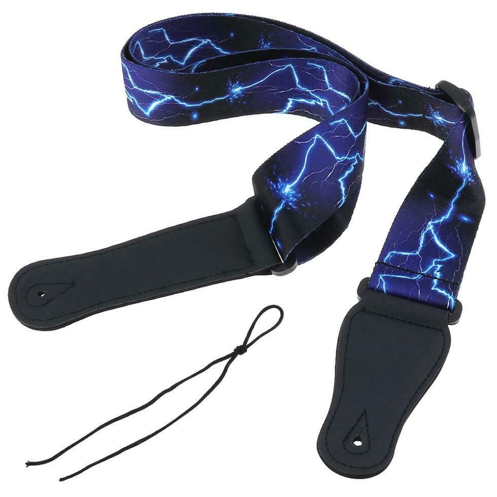 Adjustable Guitar Strap with Blue Lightning Pattern for Acoustic Bass Guitar