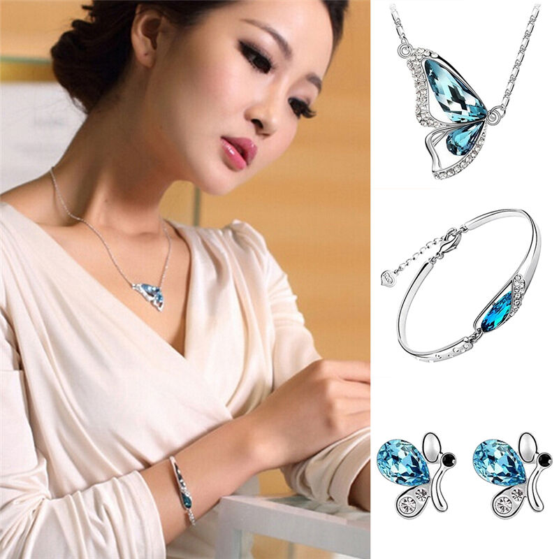 Butterfly Jewelry Sets Necklace + Earring+Bracelet Crystal Set FashiE PbJ.l8