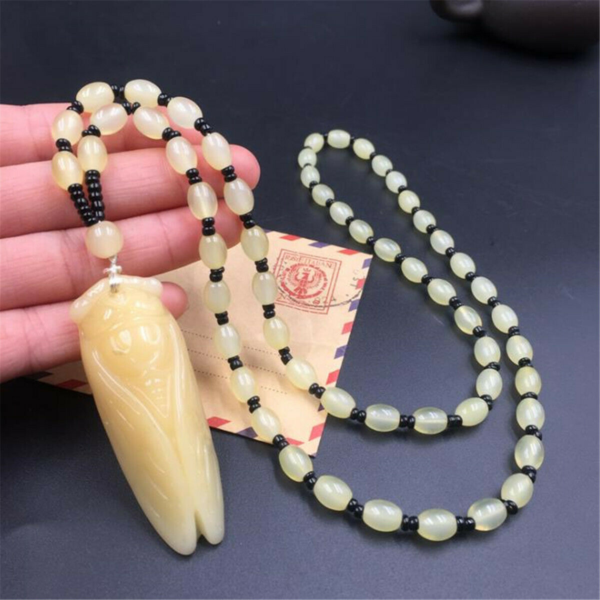 Natural Yellow Jade Cicada Carved Amulet Lucky Pendant Beads Necklace Jewelry