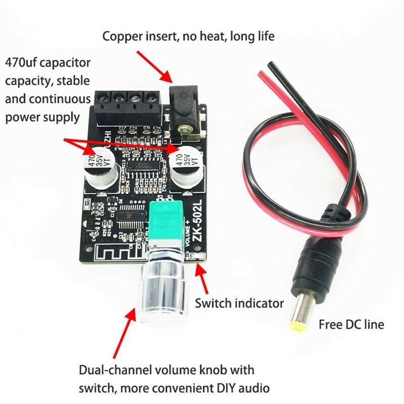 ZK-502L Bluetooth 5.0 Wireless Audio Digital Power Amplifier Stereo Board 50WxD9