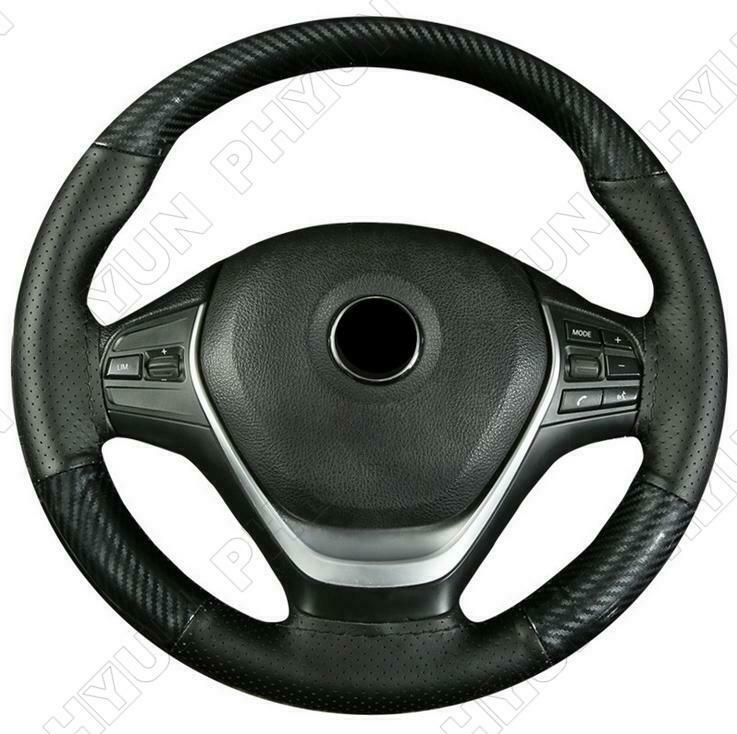 Hand Sewing Car Steering Wheel Cover Trim 38CM Carbon Fiber & Leather Universal