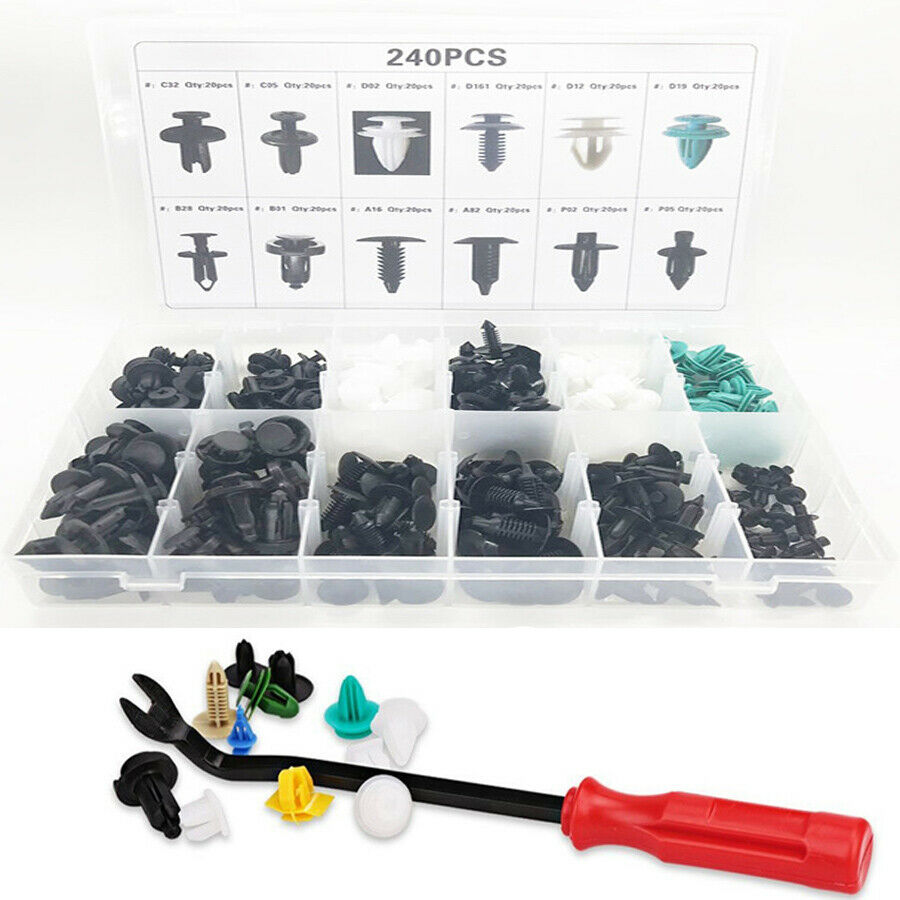 240Pcs Car Bumper Fender Door Panel Fastener Repair tools kit & 8'' Removal tool