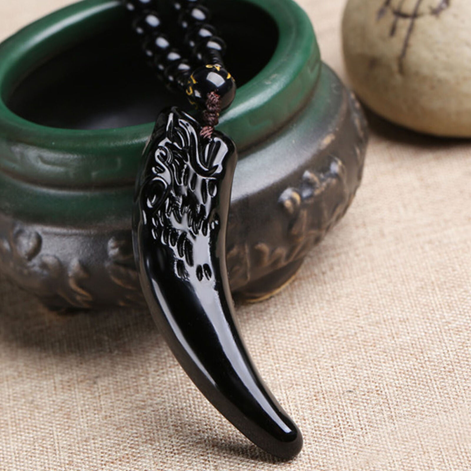 Natural Stone Black And Ice Obsidian Pendant Necklace Wolf Tooth Amulets Fashion