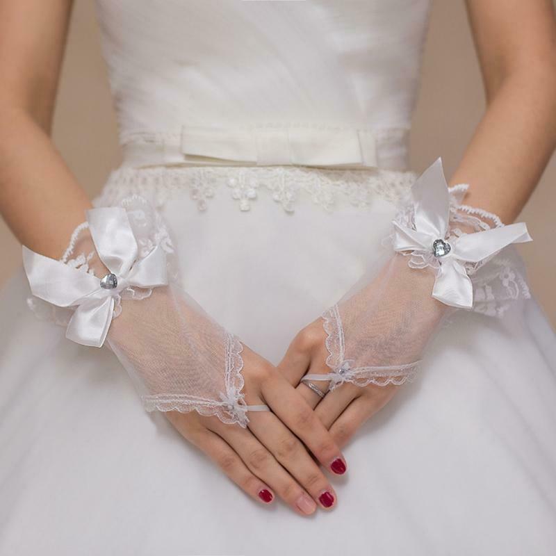 Wedding Fingerless Bridal Short Gloves Lace Floral Heart Rhinestone Bowknot Soft