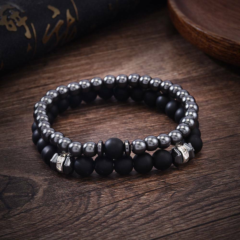 2Pcs Natural Stone Cooper Beads Bracelet Mens Matte Lava Volcanic Couple Jewelry