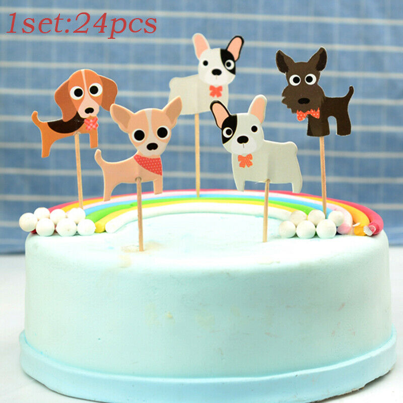 24pcs/set Party Supplies Insert Card Dog Cake Topper Paper Birthday Cake Decor