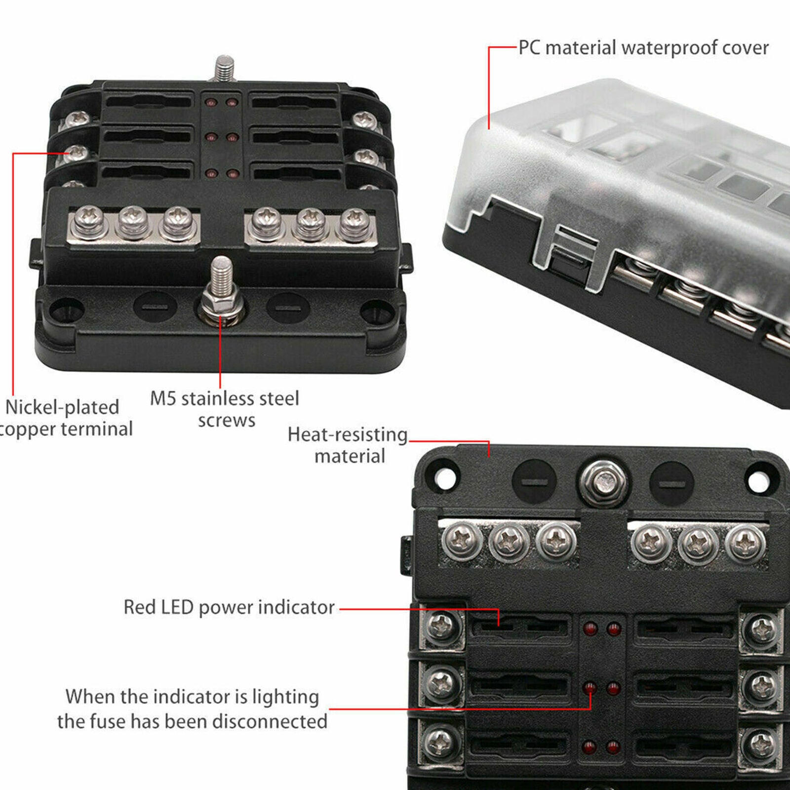 6-Way Blade Fuse Block Box Holder Overload Protection Auto Car Boat Marine 12V