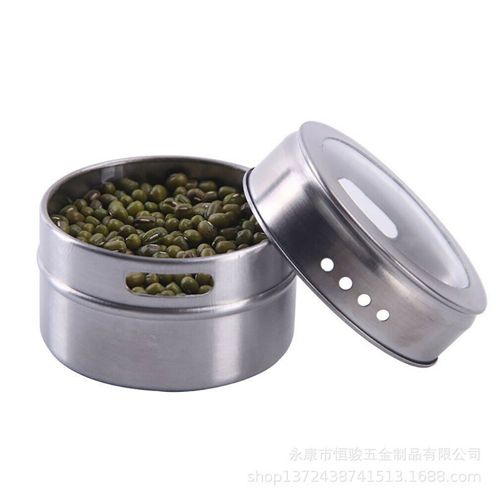 12pcs Magnetic Stainless Steel Spice Herb Tin Jar Seasoning Storage NonSlip Base