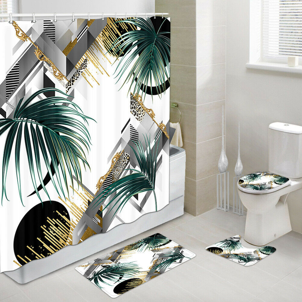 Green Leaves and Golden Pattern Shower Curtain Toilet Cover Rug Mat Contour Rug
