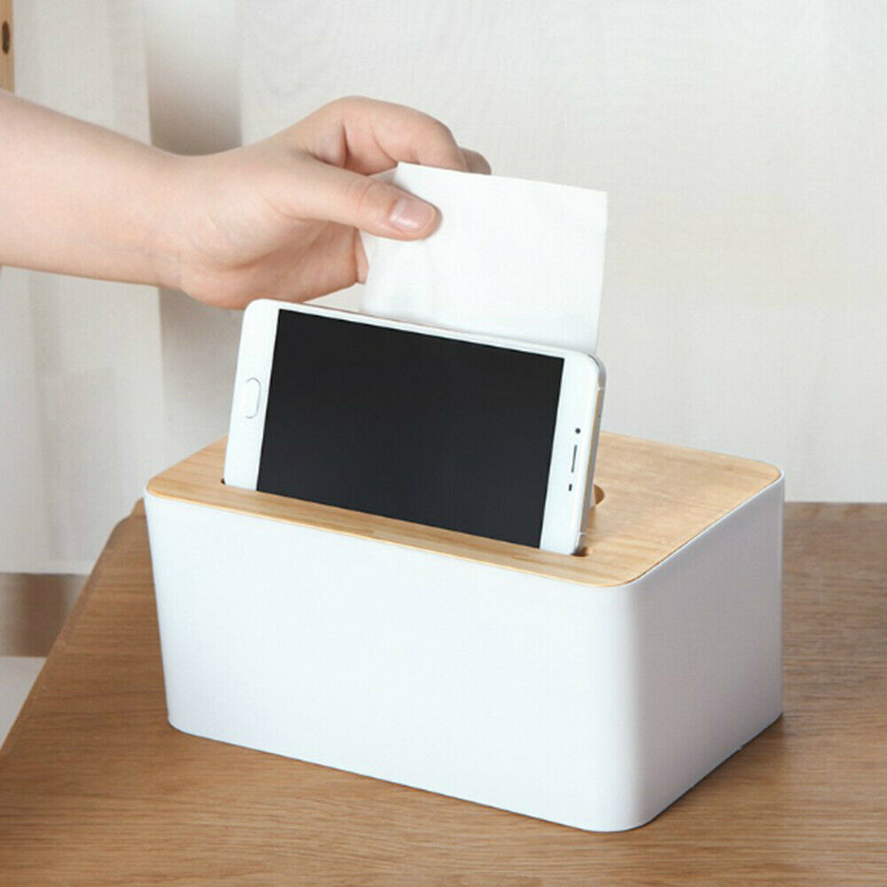 Homehold Wood Removable Storage Container Box Tissue Box with Phone Holder