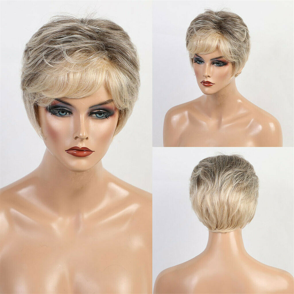 Human Hair Womens Side Part Wigs Costume Party Natural Pixie Cut Wig Mixed