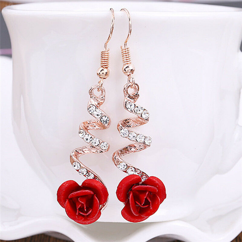Red Rose Flower Crystal Dangle Drop Earrings Hook Party Bridal Earring Jewel Qx