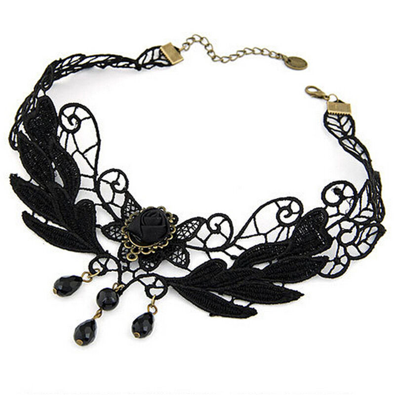 Women's Black Rose Teardrop Bead Pendant Lace Choker Lolita Collar Necklace D Qx