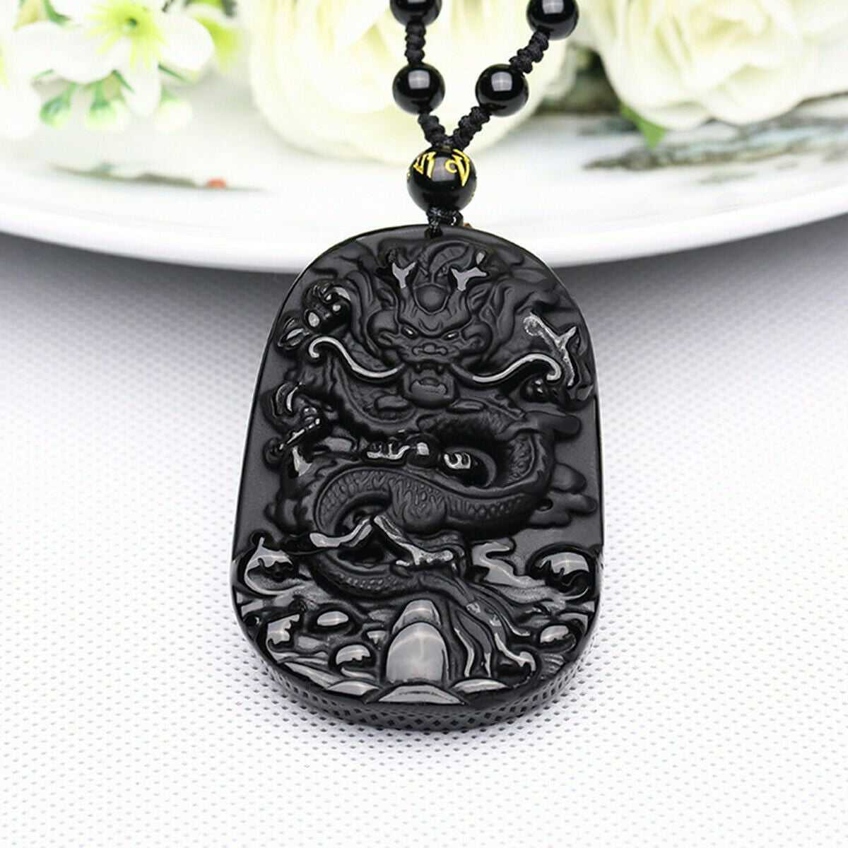 Natural Black Obsidian Hand Carved Dragon Lucky Blessing Beads Pendant Necklace